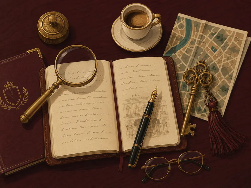 A waldnexo reviewer's desk &mdash; loupe, notebook and hotel key